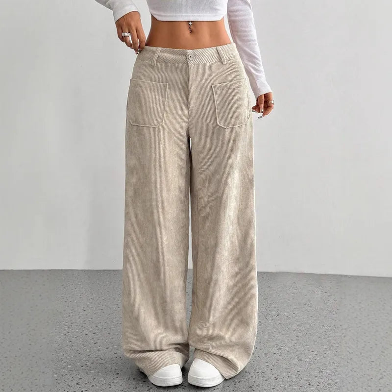 Pantalon Large Décontracté Pour Femmes De Longueur Au Sol Avec Poches Coloris Unis Taille Élastique Polyester Velours Taille Basse