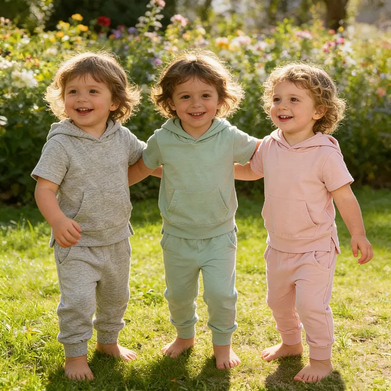 Ensemble Pantalon 2 Pièces Pour Enfant Avec Sweat À Capuche Et Manches Courtes, Motif Uni En Coton