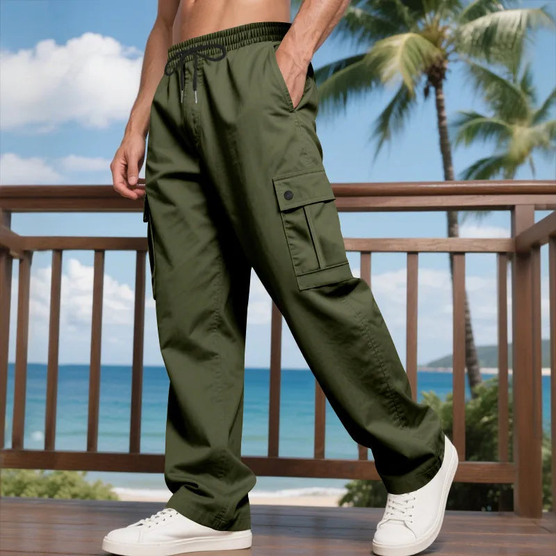 Pantalon Cargo Homme Sport Décontracté En Polyester Avec Multi-poches, Longueur Totale, Couleur Unie Pour Un Style Confortable