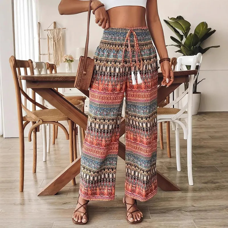 Pantalon Décontracté À Taille Haute Élastique Imprimé Bohème Mode Féminine Nouveau Style Vintage Boho Coupe Ample Longs Pantalons