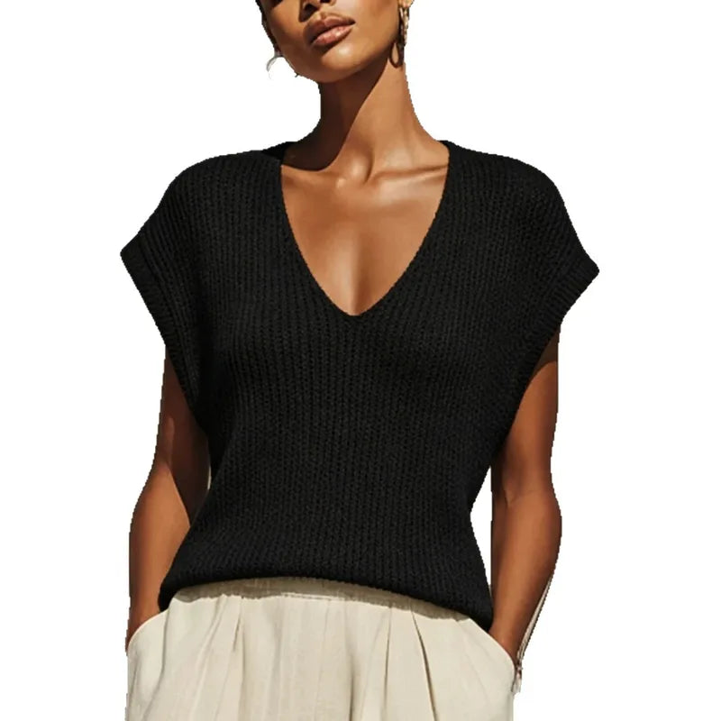 Pull Tricoté À Manches Courtes En Polyester Couleur Unie, Style Décontracté