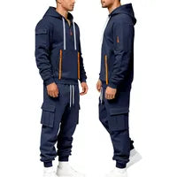 Ensemble Coordonné Sweatshirt Hoodie à Capuche Homme + Pantalon Cargo Polyester Noir