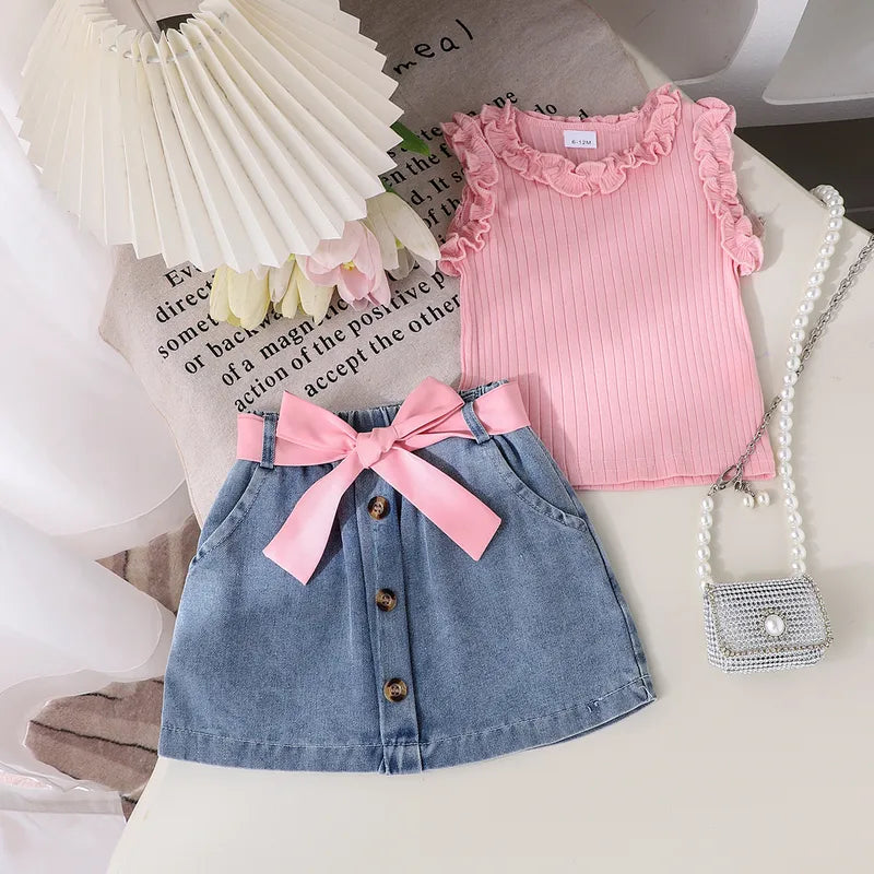 Ensemble De Robe D'été Pour Filles, Couleur Unie, Gilet Dentelle, Mini-jupe En Jean & Ceinture, 3 Pièces, Mélange Coton