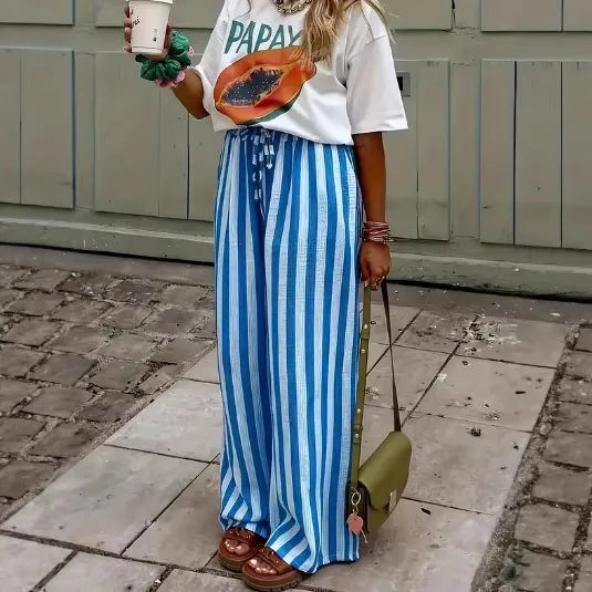 Pantalons Décontractés À Motif Bande En Longueur Totale Avec Tissu En Élasthanne Et Imprimé, Style Décontractée
