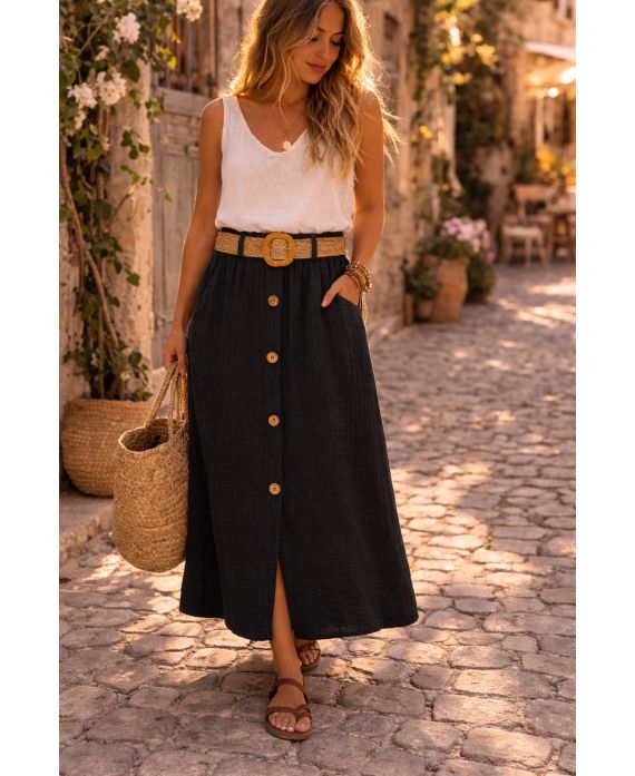 JUPE GAZE DE COTTON 2 POCHES + CEINTURE