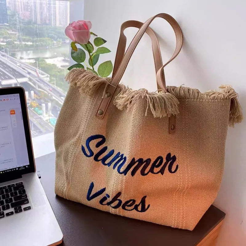 Grand Sac À Bandoulière De Plage À Pompon Grande Capacité, Sac Simple Pour Maman, Forme De Seau En Toile, Couleur Unie, Sac À Main Pour Femmes Printemps Été