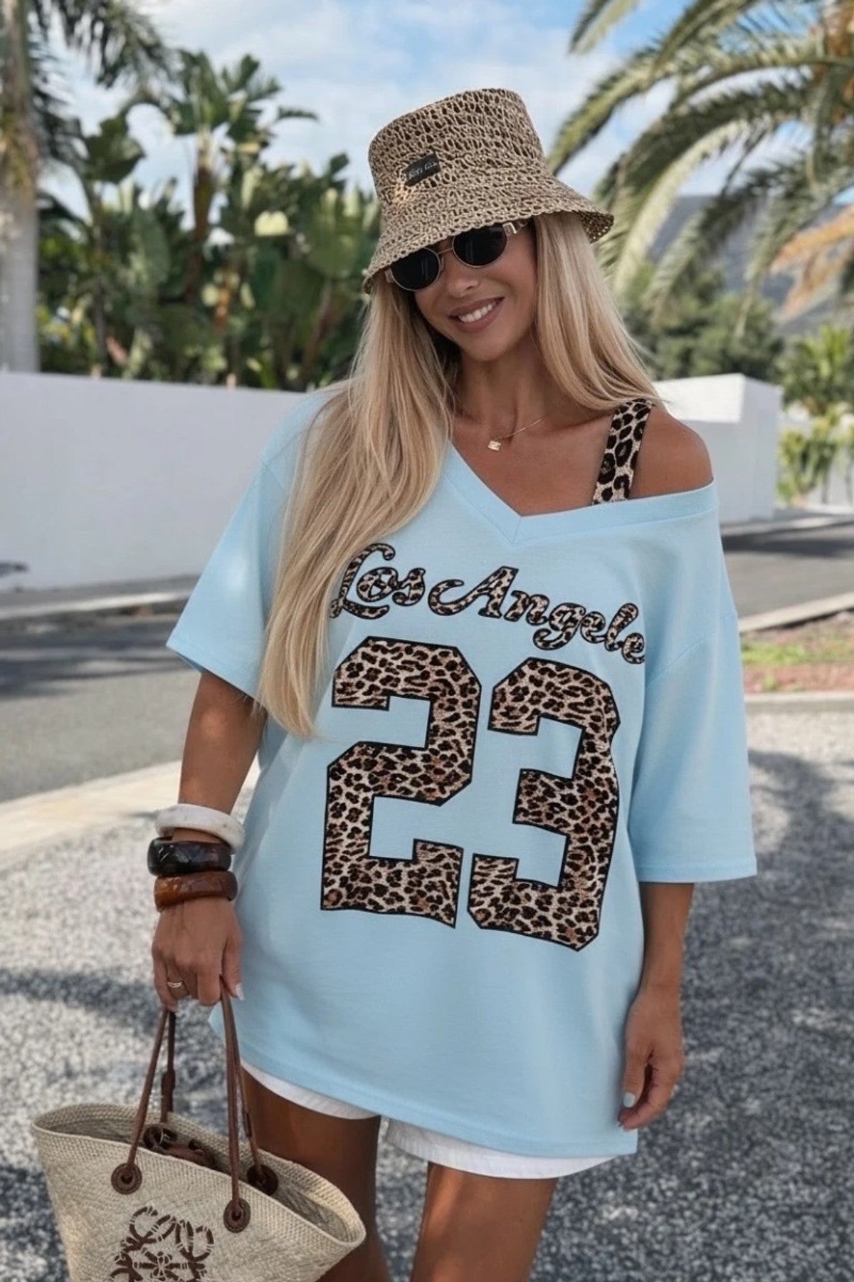 T-shirt Oversize Los Angeles 23 Léopard – Top Col V Tendance