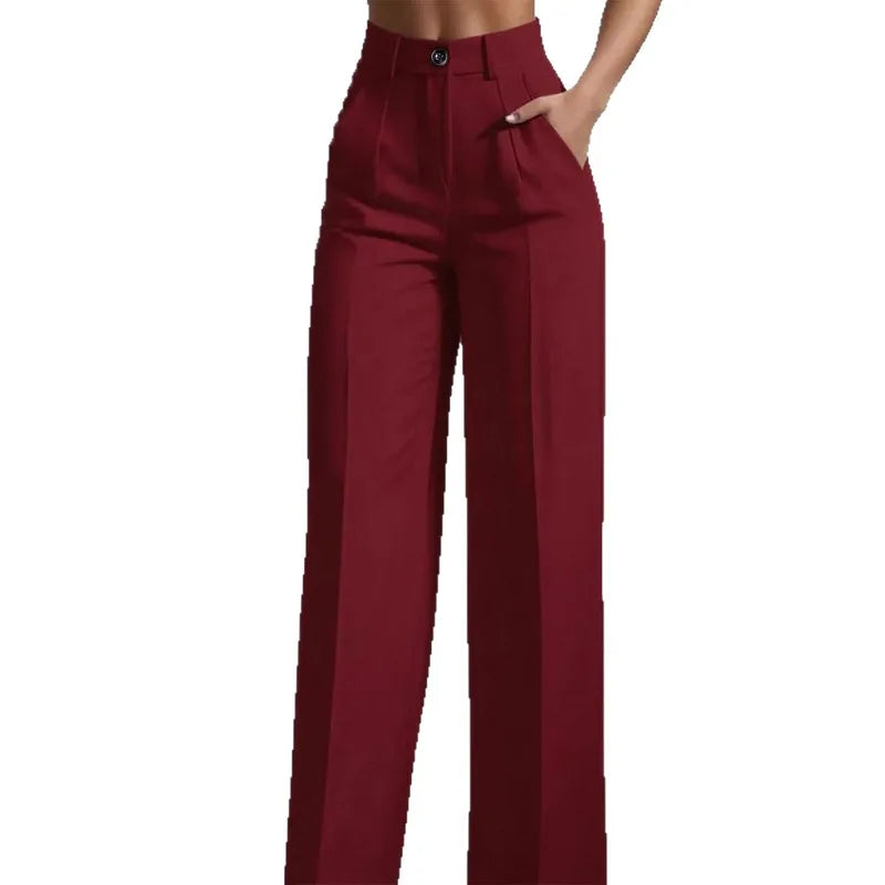 Pantalon De Travail Ample À Taille Haute Plissé Décontracté, Couleur Unie, Polyester Extensible