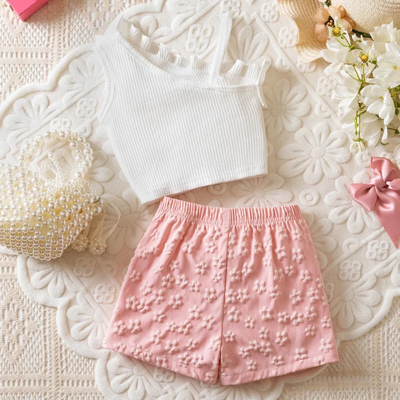 Ensemble Pantalon Sans Manches Avec Nœud Papillon, Motif Fleurs En Polyester, Style Mignon Pour Fille