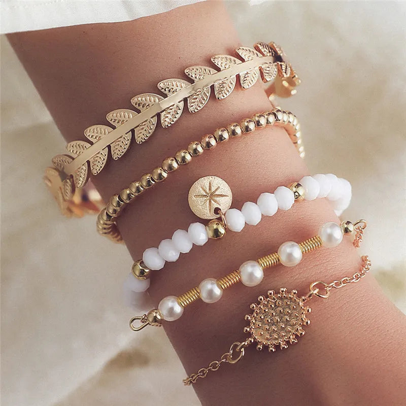 Bracelet Rétro Femme Motif Feuille Multicolore En Alliage, Chaîne Perlée, Résistant À L'eau Et Ne Ternit Pas