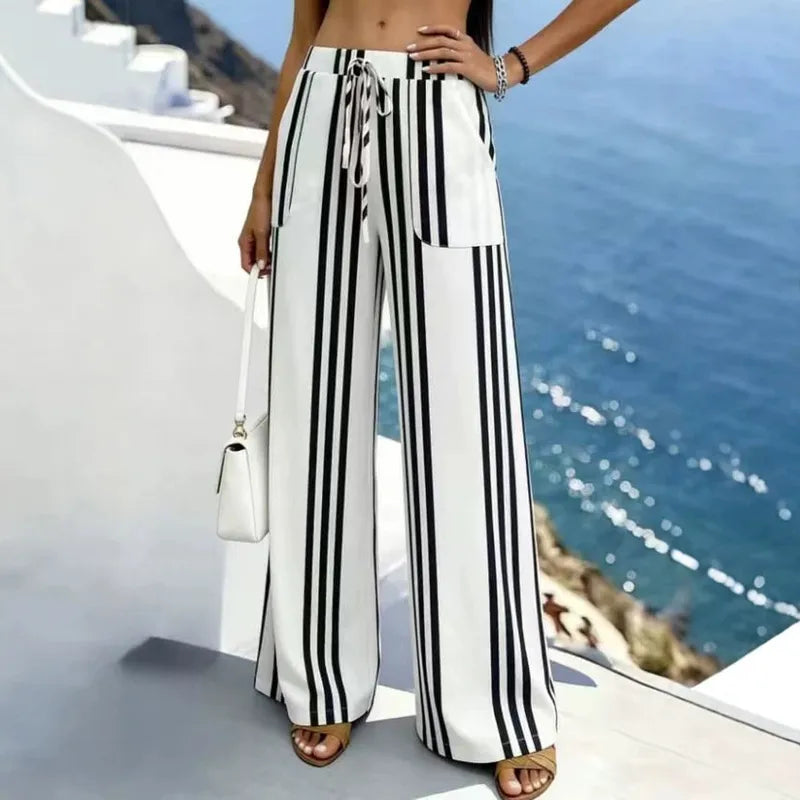 Pantalons Décontractés À Rayures Toute La Longueur En Polyester Avec Lien De Serrage Avant