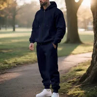 Ensemble Homme Sweatshirt Et Hoodie Gris Clair En Polyester Avec Pantalon Pull Uni À Fermeture Éclair