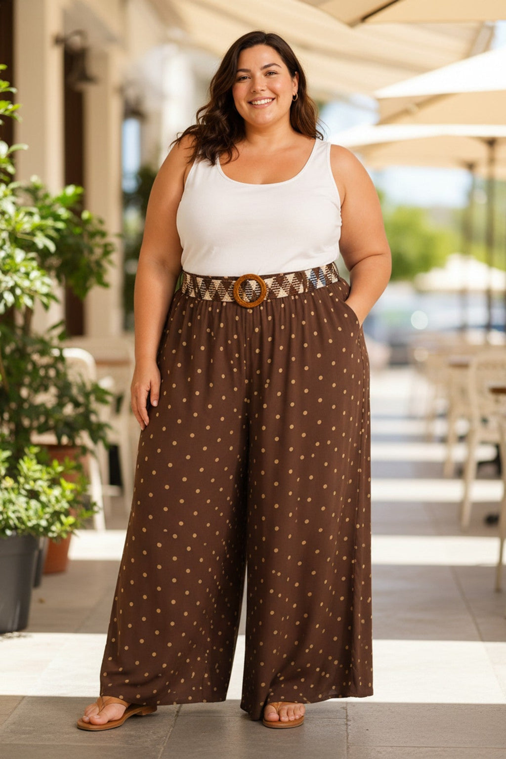 Pantalon Large à Pois Grande Taille avec Ceinture
