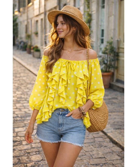 Blouse Épaules Dénudées Pois à Volants