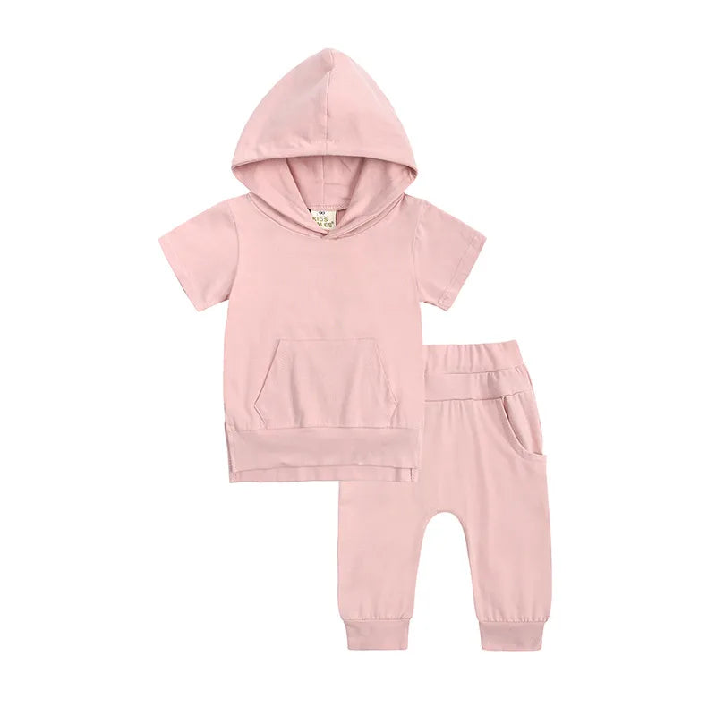 Ensemble Pantalon 2 Pièces Pour Enfant Avec Sweat À Capuche Et Manches Courtes, Motif Uni En Coton
