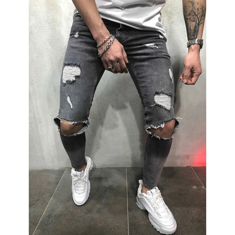Jeans Slim Déchirés Pour Hommes – Bas De Streetwear Géométrique