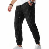 Pantalon De Jogging Homme Décontracté À Rayures En Lin, Longueur Totale, Style Casual Confortable Pour Loisirs