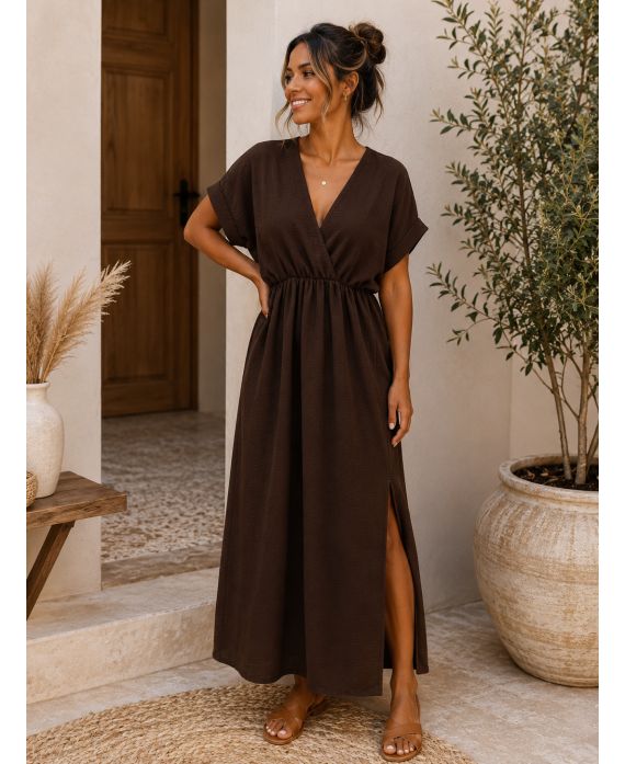 Robe Maxi Col V Manches Courtes