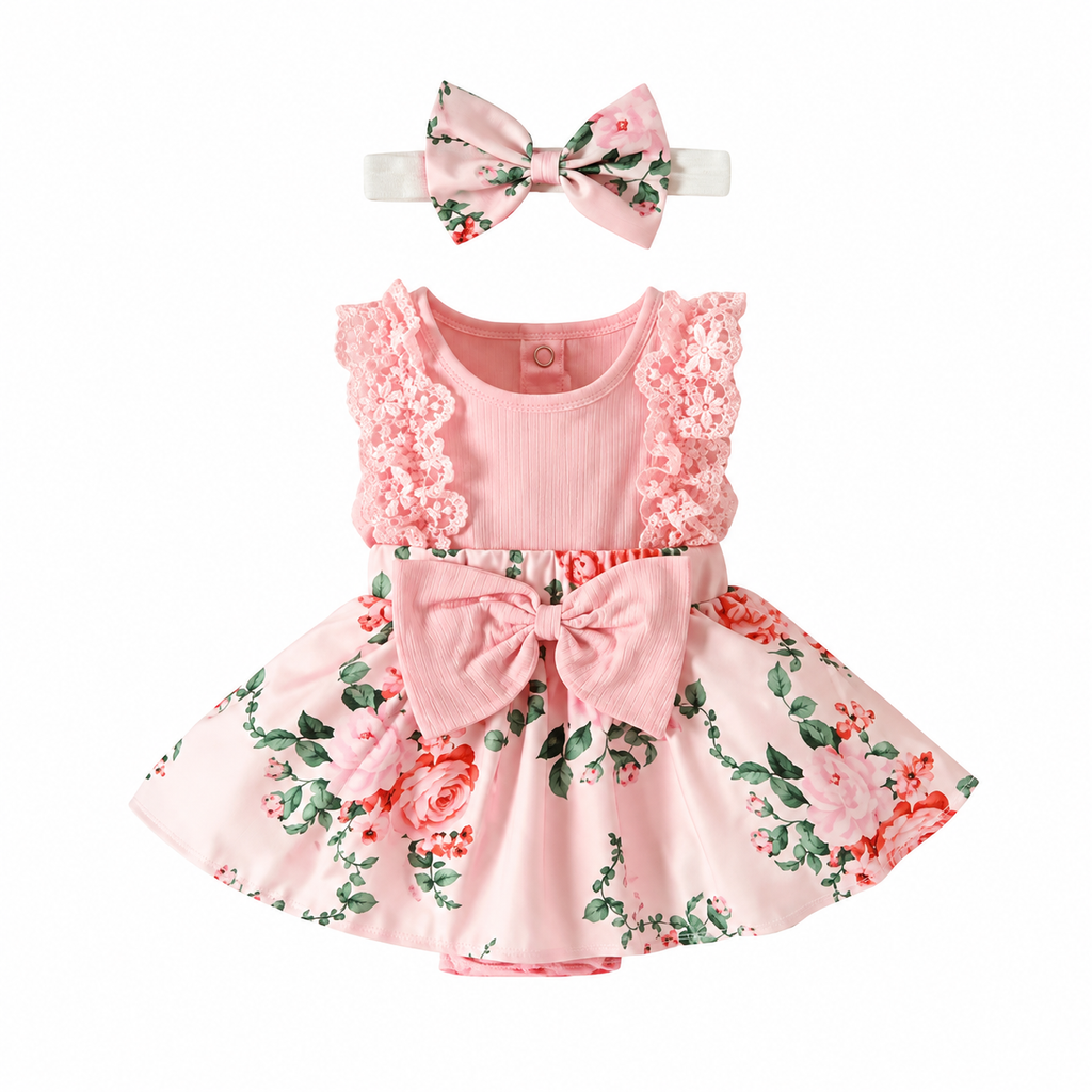Costume Bébé Fille Une Pièce Dentelle & Imprimé | Bandeau Inclus