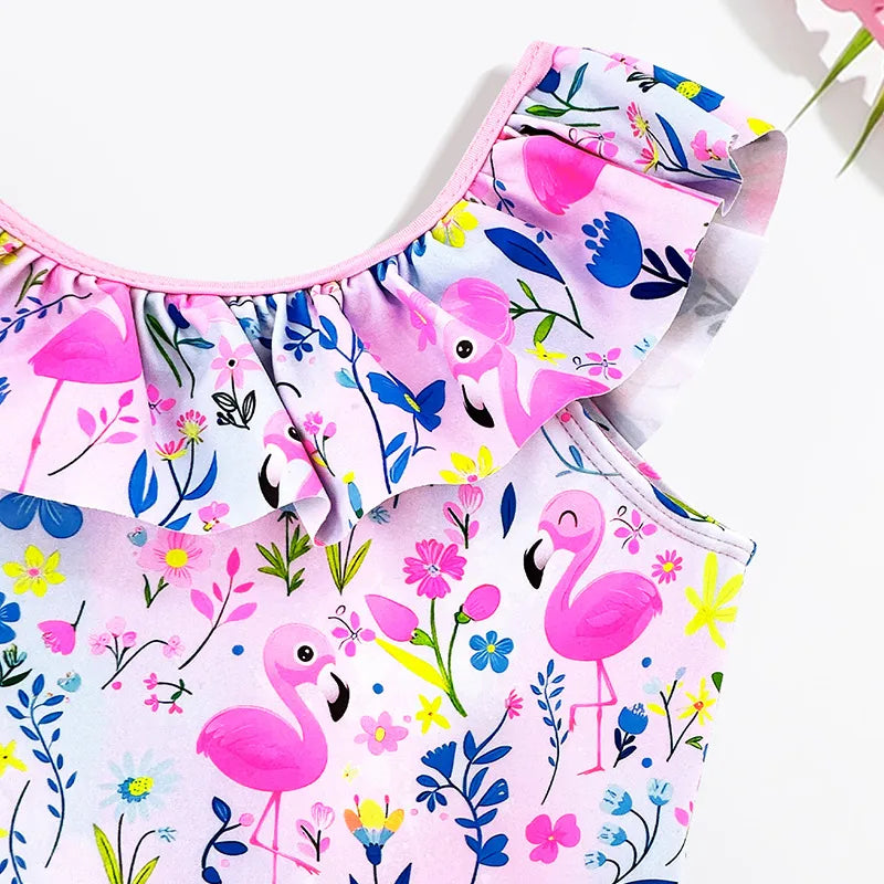 Maillot De Bain Une-pièce Pour Filles Motif Flamant En Polyester, Spécial Natation