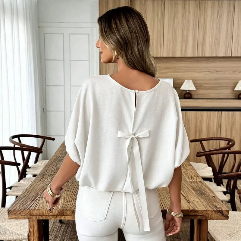 Chemisier Femme À Enfiler – Motif Bloc de Couleur | Demi-Manche | Nœud Papillon Dos