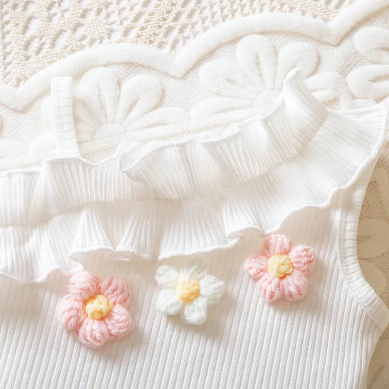 Ensemble Pantalon Sans Manches Avec Nœud Papillon, Motif Fleurs En Polyester, Style Mignon Pour Fille