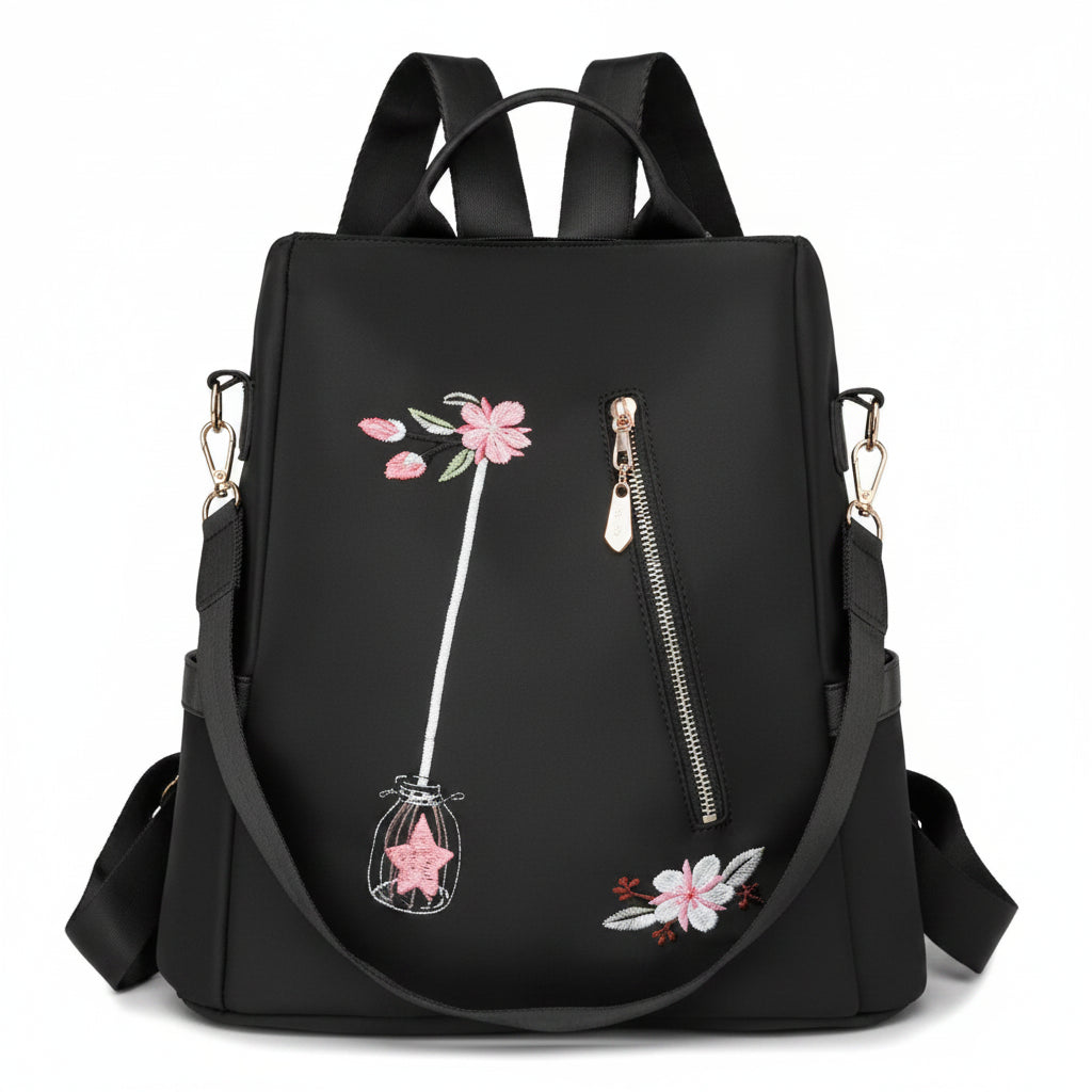 Sac À Dos Femme En Nylon Résistant À L'eau Avec Coutures Décoratives, Idéal Pour Le Printemps