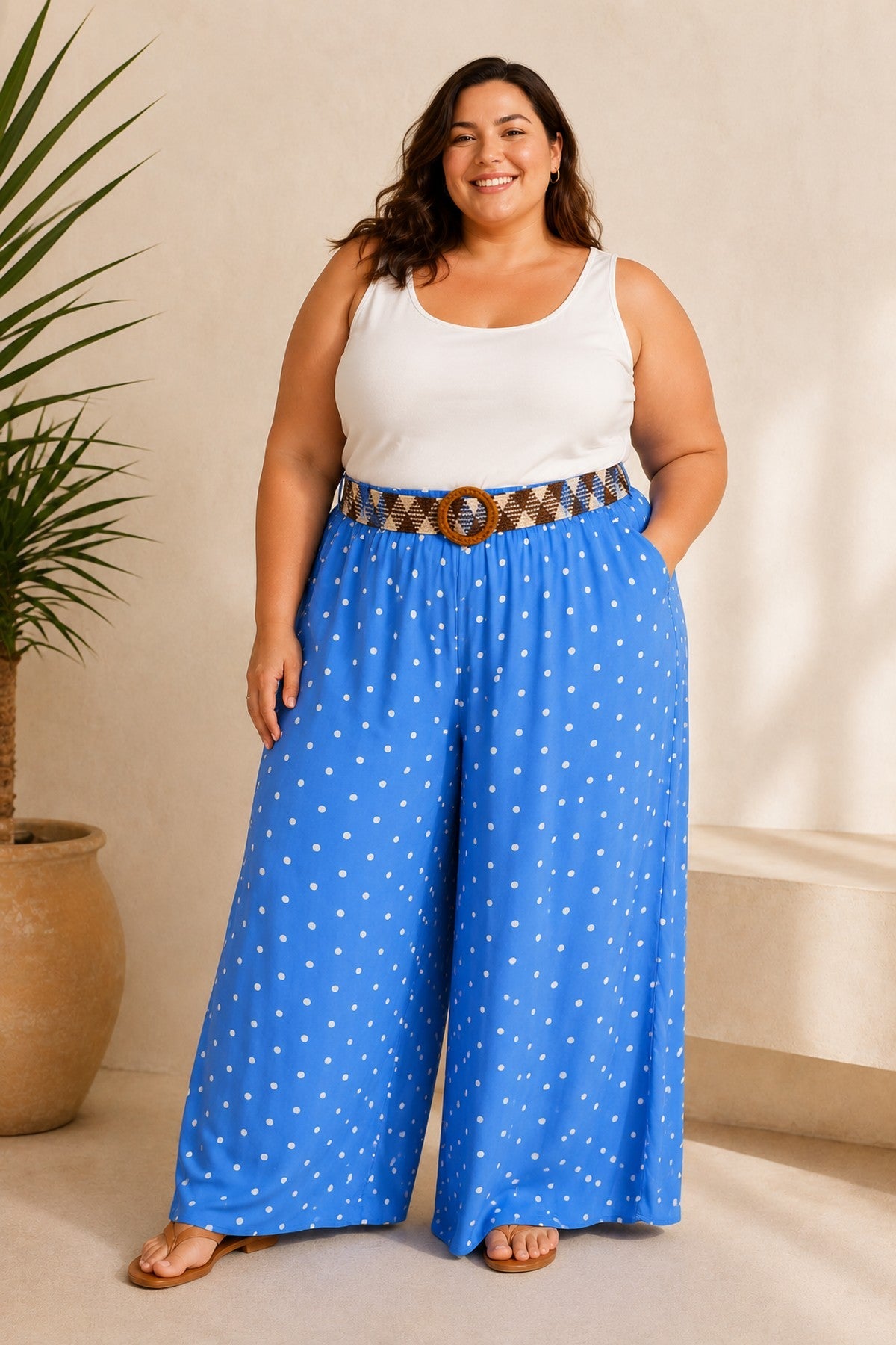 Pantalon Large à Pois Grande Taille avec Ceinture