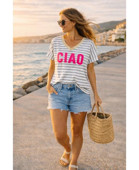 "CIAO" Striped V-Neck T-Shirt – One Size