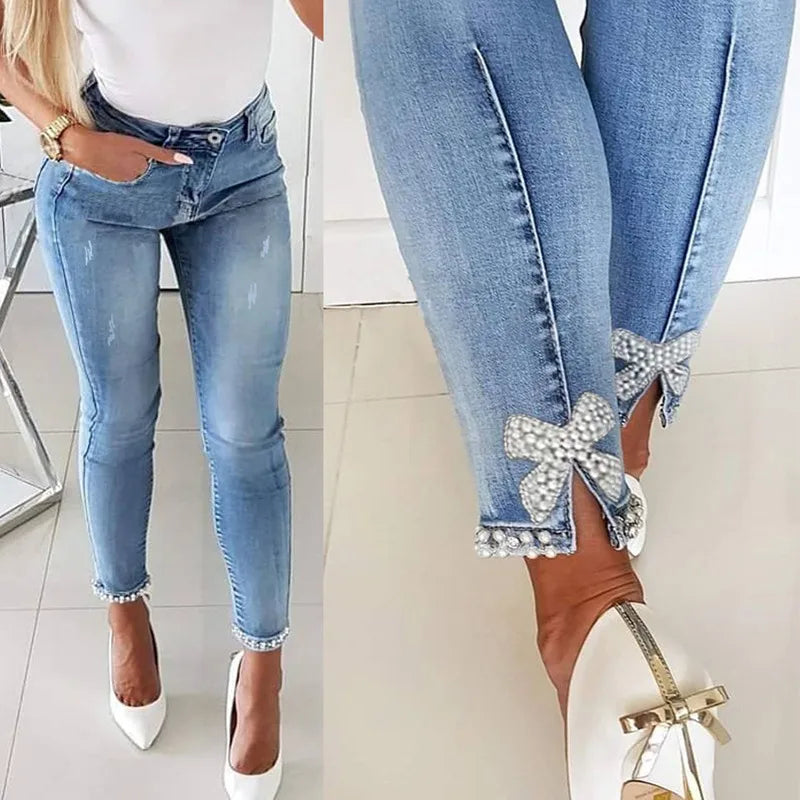 Femmes Du Quotidien Décontractée Couleur Unie Noeud D'arc Toute La Longueur Jeans
