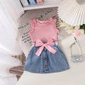 Ensemble De Robe D'été Pour Filles, Couleur Unie, Gilet Dentelle, Mini-jupe En Jean & Ceinture, 3 Pièces, Mélange Coton