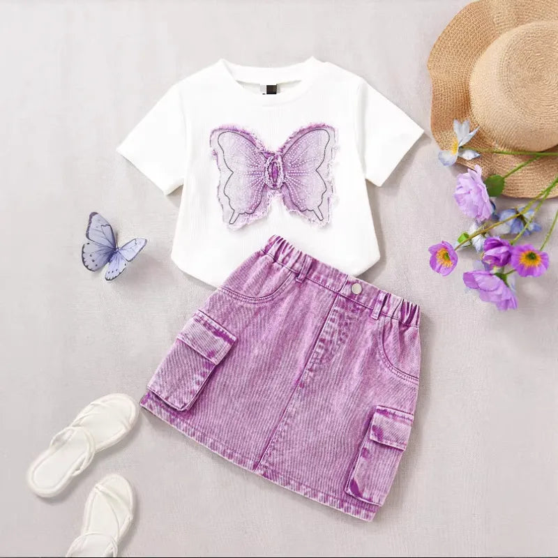 Ensemble Jupe Fille Brodé Motif Papillon En Jean 2 Pièces