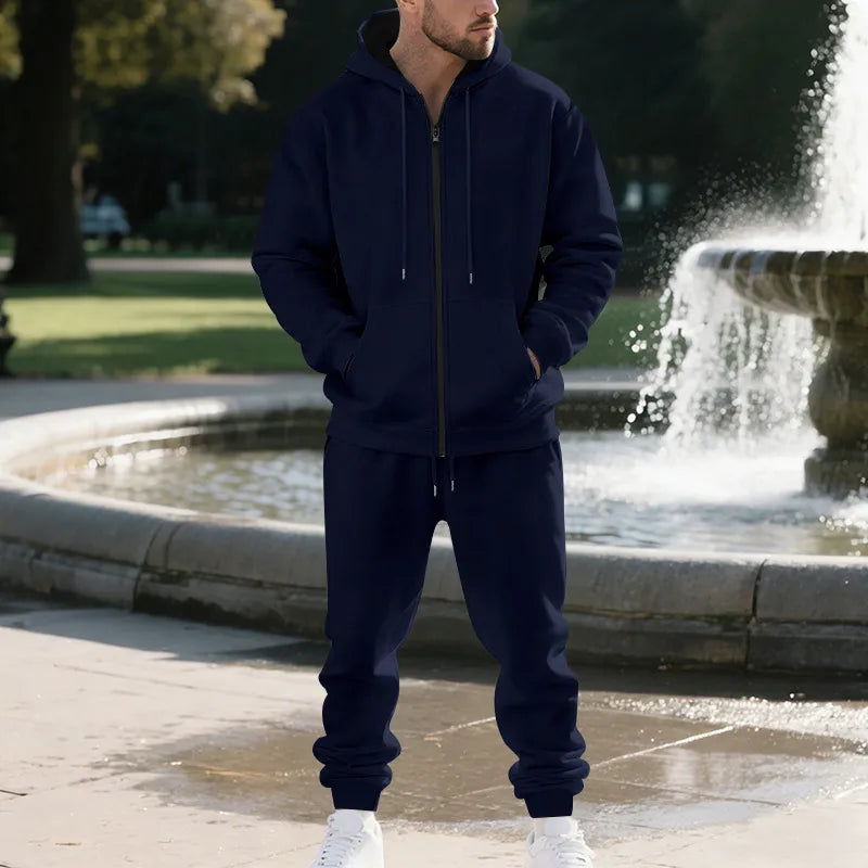 Ensemble Homme Sweatshirt Et Hoodie Gris Clair En Polyester Avec Pantalon Pull Uni À Fermeture Éclair