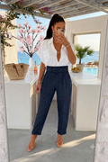 Pantalon taille haute ceinturé noir à rayures fines