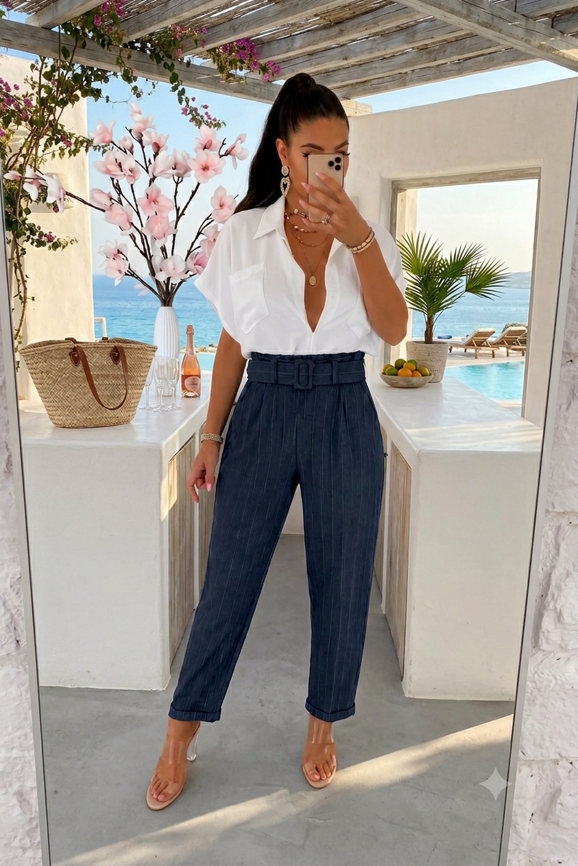 Pantalon taille haute ceinturé noir à rayures fines