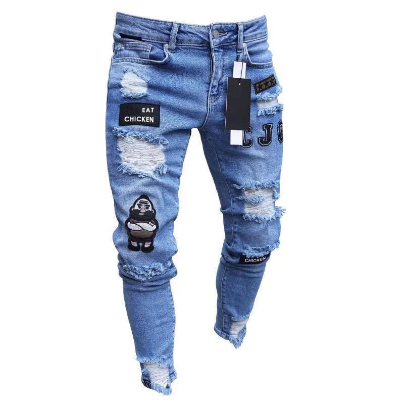 Jeans En Coton Décontractés Pour Hommes – Trous Aux Genoux, Coupe Ajustée, Style Européen