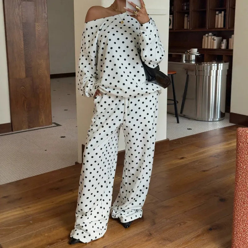 Ensemble 2 Pièces À Pois – Top Épaules Dénudées & Pantalon Large Fluidek