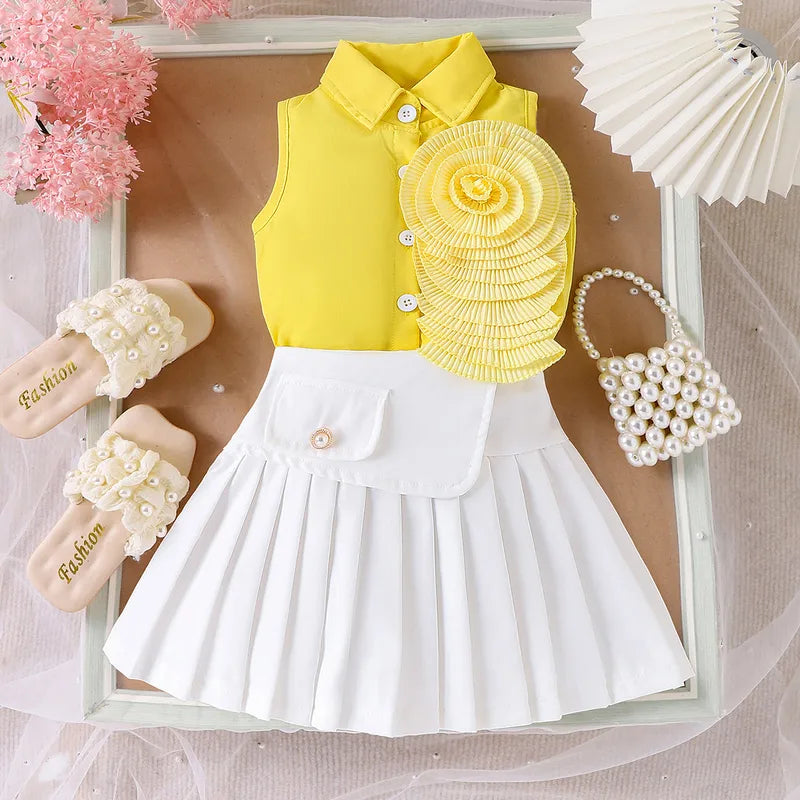 Ensemble Fille 2 Pièces Haut Sans Manches À Revers + Jupe Plissée Rose Été