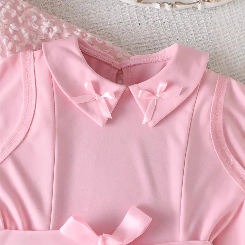 Ensemble Jupe 2 Pièces Rose À Manches Longues En Polyester Avec Motif Uni Et Tissage Jacquard Pour Enfants