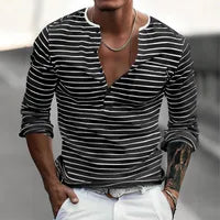 T-shirt Homme À Col Henley Et Manches Longues En Polyester À Motif Bande, Style Décontractée, Coupe À Enfiler