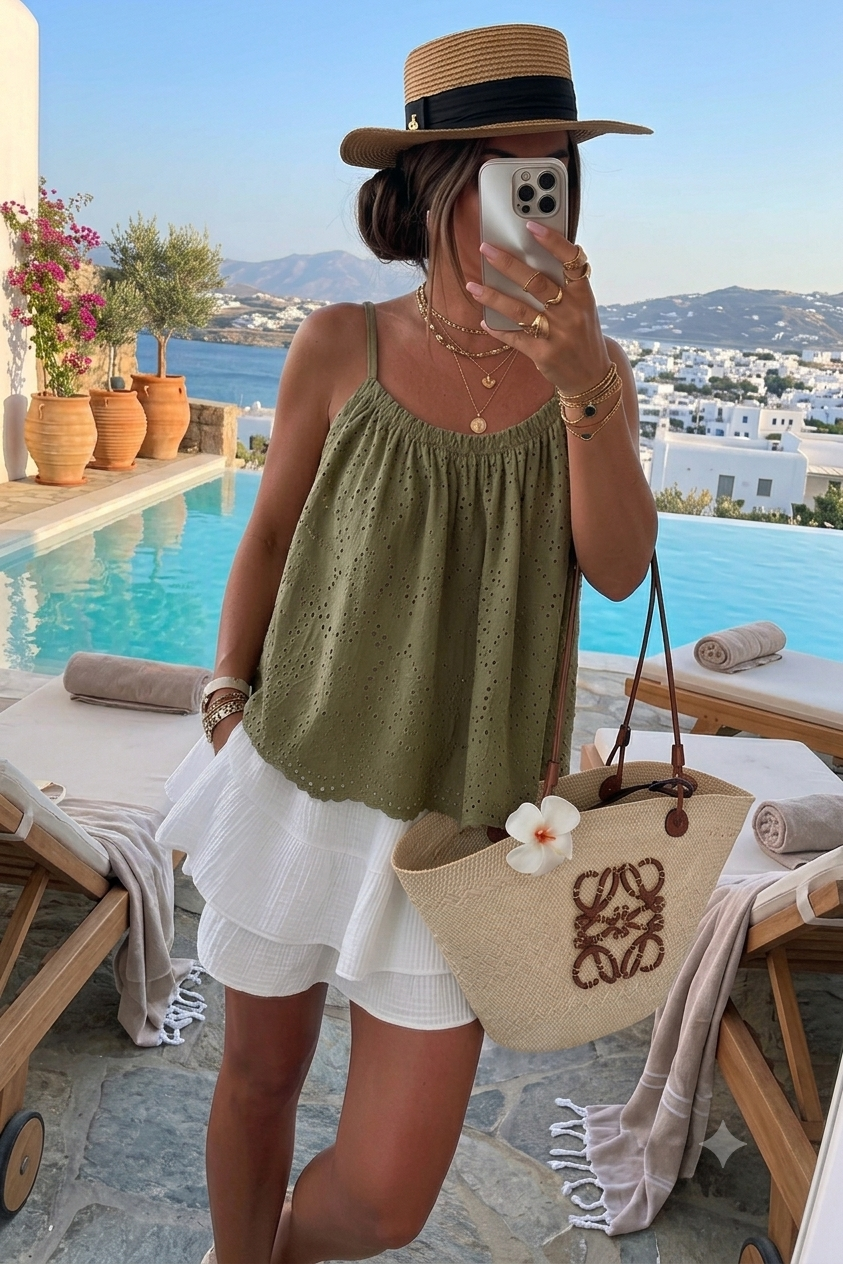Top à bretelles broderie anglaise en coton
