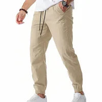 Pantalon De Jogging Homme Décontracté À Rayures En Lin, Longueur Totale, Style Casual Confortable Pour Loisirs