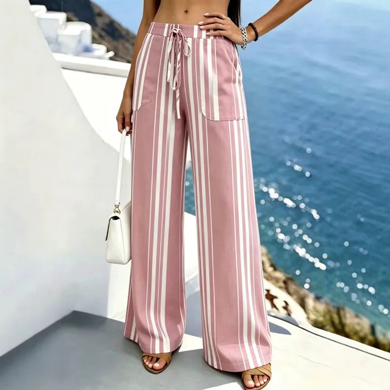 Pantalons Décontractés À Rayures Toute La Longueur En Polyester Avec Lien De Serrage Avant