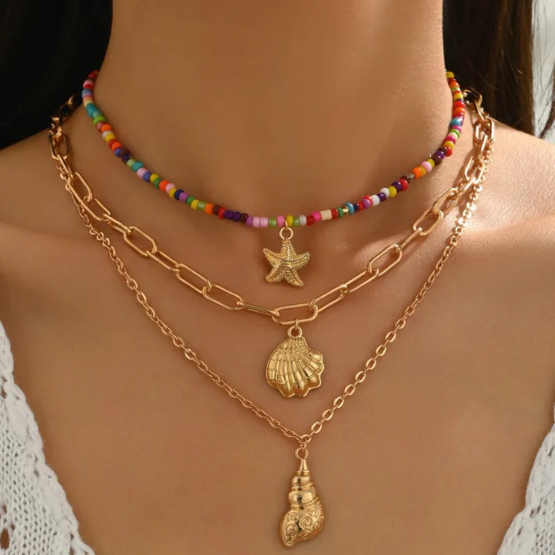 Collier Bohème À Perles De Couleurs Mélangées, Pendentif Coquille Étoile