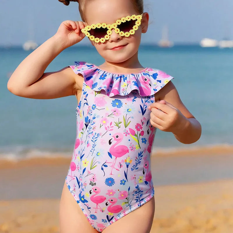 Maillot De Bain Une-pièce Pour Filles Motif Flamant En Polyester, Spécial Natation