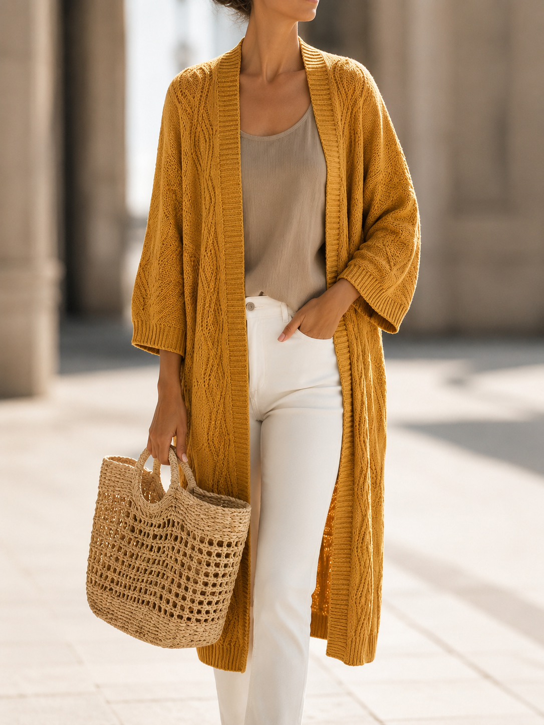 Gilet long ouvert avec manche trois quarts