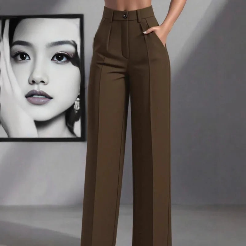Pantalon De Travail Ample À Taille Haute Plissé Décontracté, Couleur Unie, Polyester Extensible
