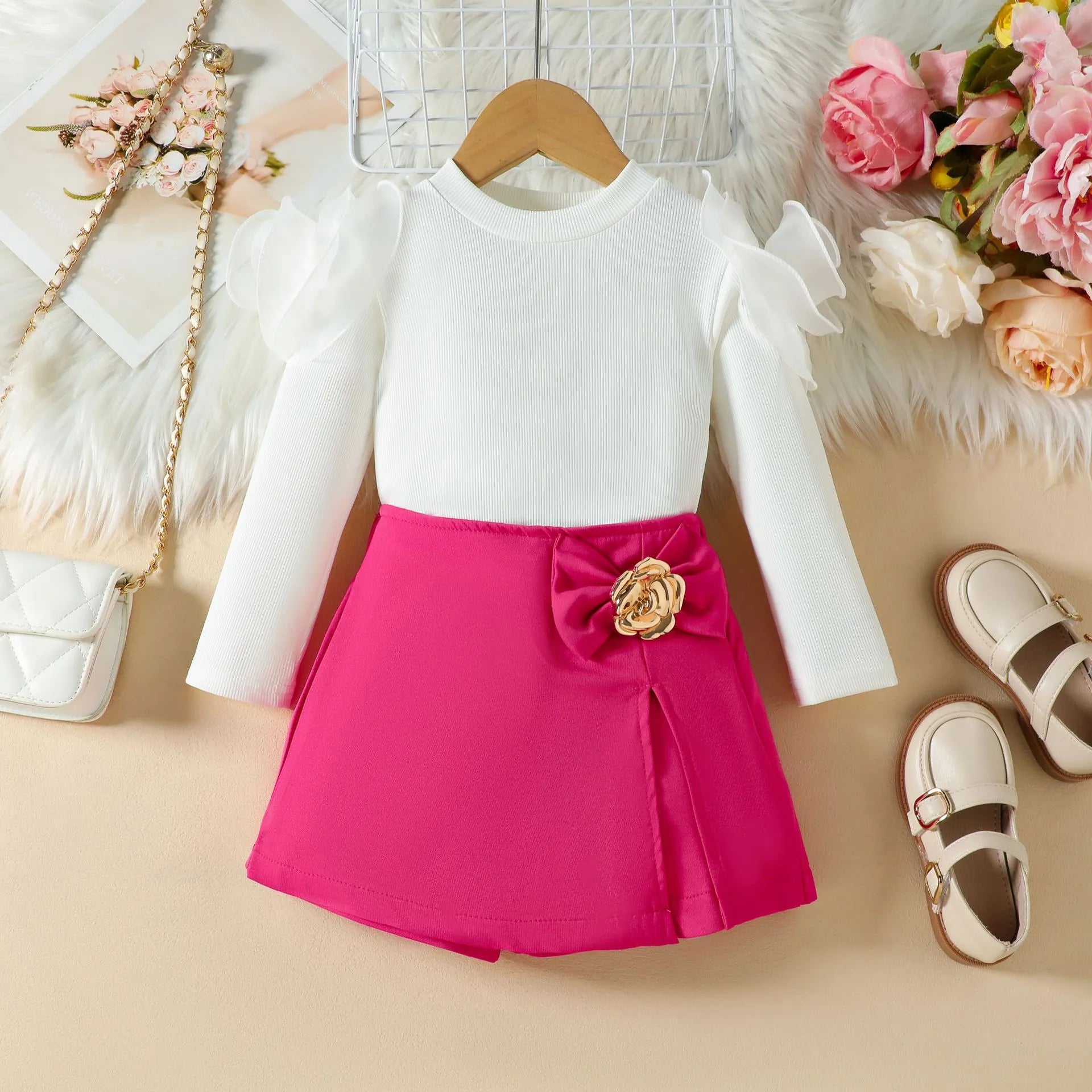 Ensemble Jupe 2 Pièces Pour Fille Avec Motif Fleurs En Polyester, Coloris Rose, Design Floral Délicat