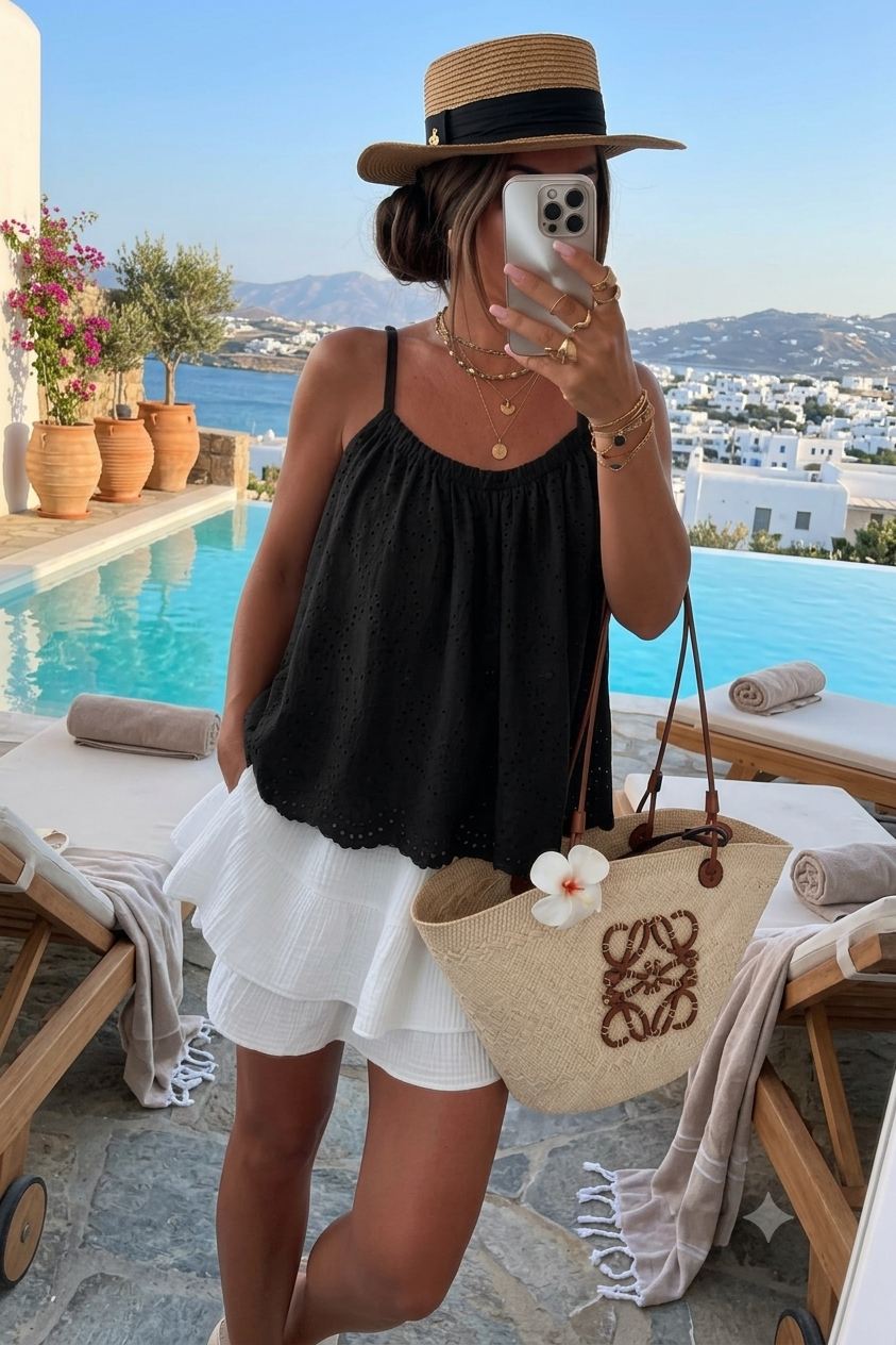 Top à bretelles broderie anglaise en coton
