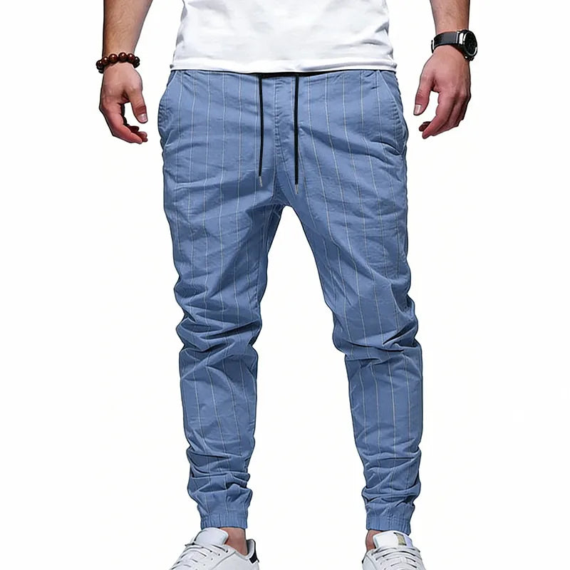 Pantalon De Jogging Homme Décontracté À Rayures En Lin, Longueur Totale, Style Casual Confortable Pour Loisirs